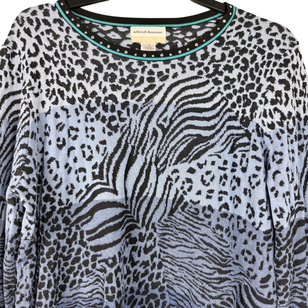 Alfred Dunner Sweater Womens 1XL Blue‎ Animal Print Embellished Stones Plus Size